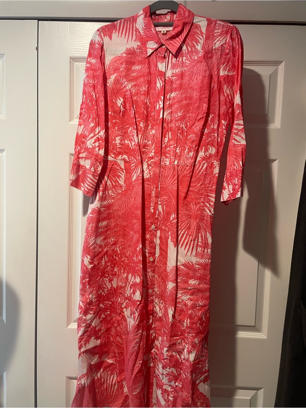 Mary Marshmallow-Women’s Coral Pink Tropical Print Maxi Dress - Button Front
